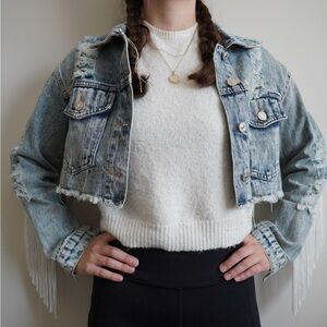 Distressed Denim Jacket with Fringe